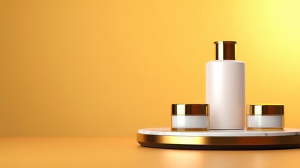 Elegant skincare products displayed on a marble stand against a vibrant yellow backdrop