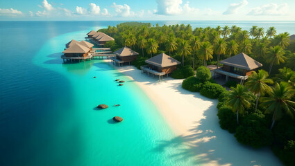 Obraz premium Serene Tropical Island Escape, A Breathtaking Aerial View of Luxurious Overwater Bungalows and Lush Palm Trees on a White Sandy Beach with Turquoise Waters