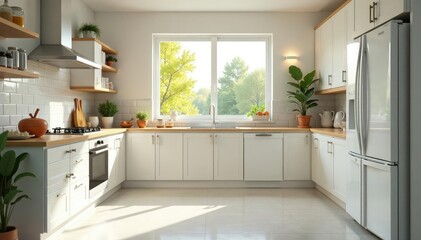 A clean and bright kitchen, sparkling appliances, freshly mopped floors, and a sunlit window , tidy, picture