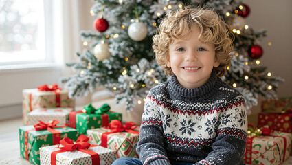 Smiling Child with Christmas Gift Box by Decorated Tree with Bokeh Lights for Holiday Season