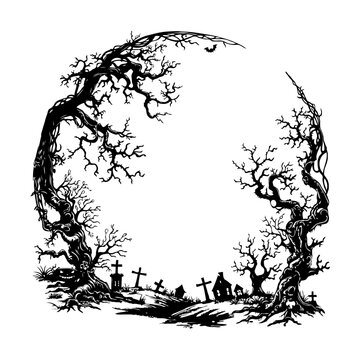 Spooky twisted trees and graveyard forming eerie circular frame on white.