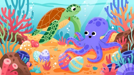 Underwater Easter Hunt – sea creatures like turtles and octopuses discovering Easter eggs among coral reefs, bright aquatic palette, created with generative ai