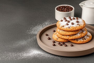 Closeup of Chocolate Chip Cookies on a Dark Gray Plate