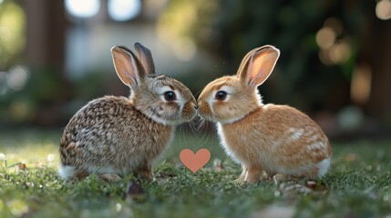 Fototapeta premium Two rabbits kissing in garden, love, spring