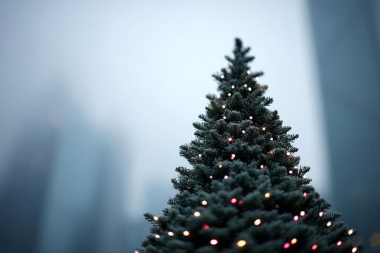 Misty morning pine dressed in twinkling lights evokes Yule traditions, enchanting its evergreen whisper under urban wintertide