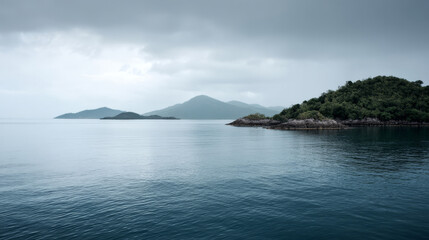Serene mist envelops the tranquil islands, echoing nature's ancestor whispers, ideal for World Oceans Day or Taiiku no Hi