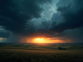 A Dramatic Landscape Featuring a Vibrant Sunset, Ominous Storm Clouds, and a Bolt of Lightning Illuminating a Serene Field of Grass Rolling Hills