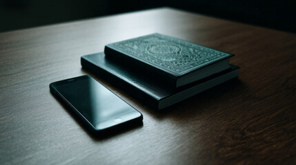 Quiet symphony of technology and tradition, smartphone rests beside elder tome, duality of digital and literary sanctuaries, World Book Day reverie