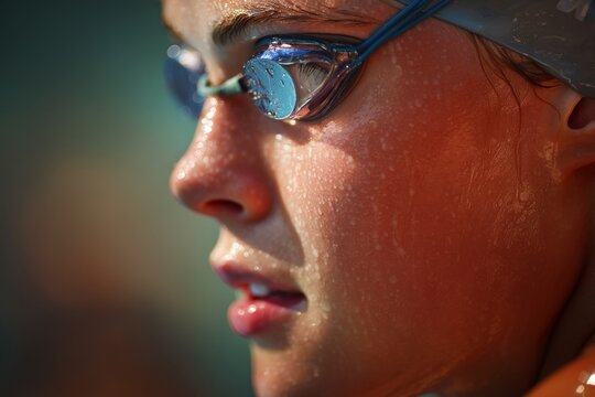 Sweaty swimmer's face in close-up, showcasing effort and focus during a swimming session.