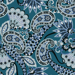 Paisley seamless vector pattern with fantastic flowers and leaves. Bohemian textile print inspired by batik. Vintage style