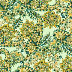 Madhubani, Kalamkari, Chinz, and Kani seamless pattern. Shirting fabric, Ajrakh and Ikat styles. Patola backdrop. Vector Floral allover design