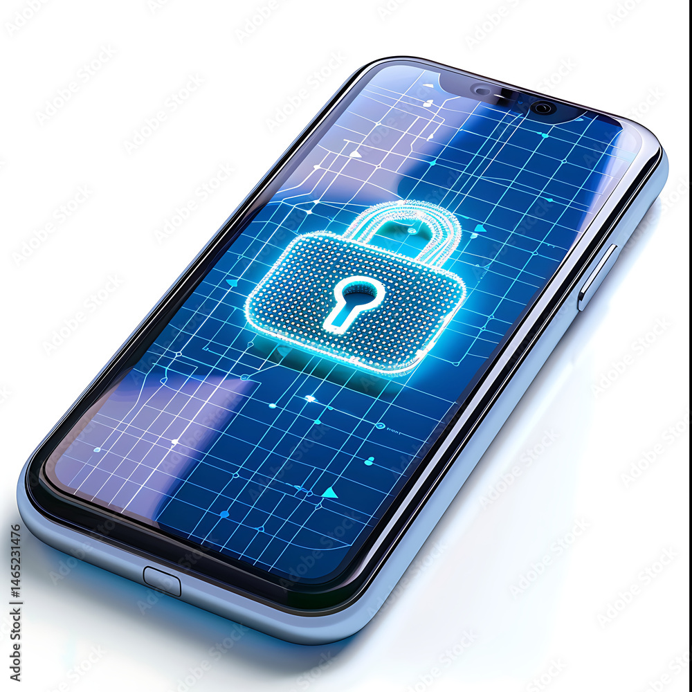 Poster smartphone displaying a glowing padlock icon on a digital grid background, representing mobile secur