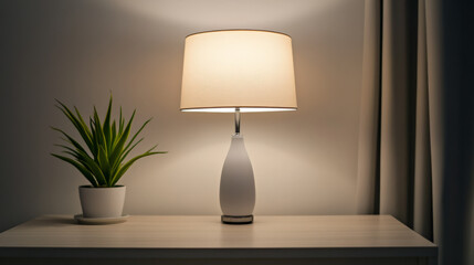 Serene tabletop sanctuary with lamp glow and verdant plant, celebrating tranquility for Hygge holidays or National Relaxation Day