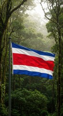 Obraz premium Waving Costa Rican Flag Symbolizing Pura Vida Over the Lush Cloud Forest Canopy of Monteverde