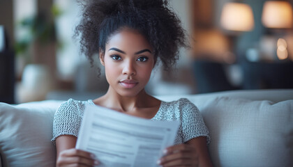 Portrait Young woman sitting on couch stressed while reviewing home mortgage expenses bills documents. Modern living room with furniture, soft natural lighting captures everyday life and home budget
