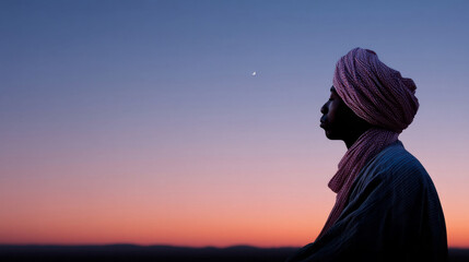 Twilight desert silhouette of an African male in turban, contemplating Diwali's serene tranquility and mystic Saharan narratives