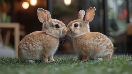 Obraz premium Two bunnies nuzzle outdoors, cafe background, pet love