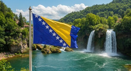 Waving Bosnian Flag Symbolizing European Identity Over the Scenic Neretva River Valley or Kravica Waterfalls