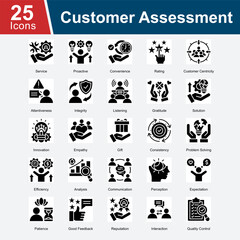 Customer Assessment is a collection of icons illustrating client experience, service evaluation, responsiveness, and quality metrics to improve customer satisfaction and business trust.