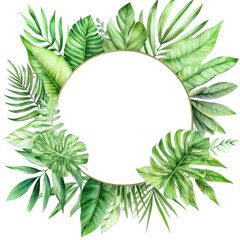 Lush Botanical Circle Frame: A captivating illustration of verdant tropical leaves gracefully encircling a pristine gold ring, creating a harmonious frame for design and text.