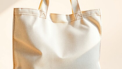 Close up view of an Empty Canvas Tote Bag for shopping or promotional use with visible stitching, on soft light background