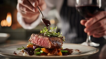 Chef preparing a steak dish with vegetables and red wine in a restaurant setting for a gourmet meal