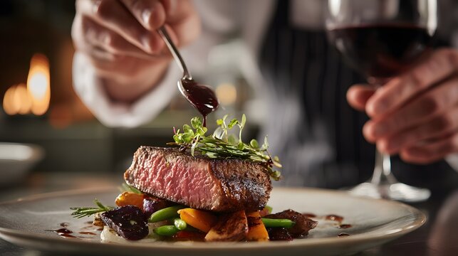 Chef preparing a steak dish with vegetables and red wine in a restaurant setting for a gourmet meal