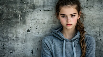 Teenage girl with a serious expression against a concrete wall.