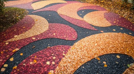 Pathway through a maple garden with autumn leaves creating a colorful carpet, no people
