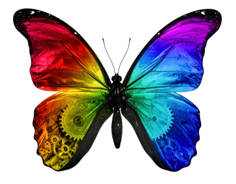 Rainbow Butterfly with Gears on Black Background