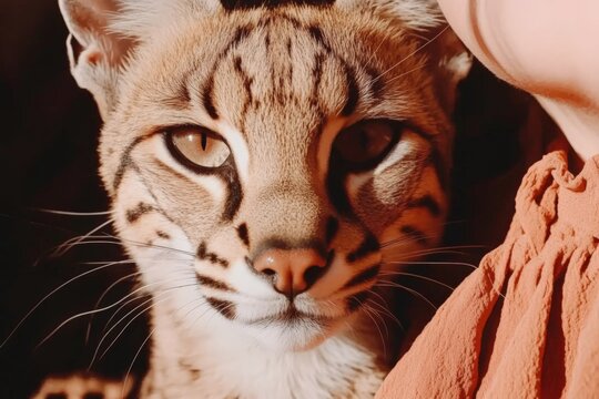 Ocelot with caucasian woman in warm lighting - Powered by Adobe