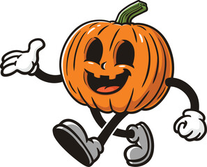 Cartoon carved pumpkin character is walking