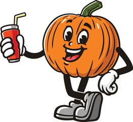 Cartoon pumpkin character holding a soft drink