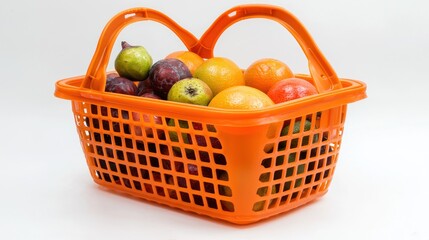A plastic foldable basket with handles, used for organizing fruits or groceries.