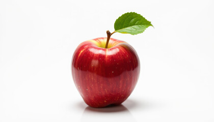 Perfect Red Apple with Leaf on White Background – Fresh, Glossy, and Realistic Fruit Close-Up