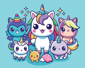 Obraz premium Adorable Unicorns and Friends. A Magical Kawaii Illustration