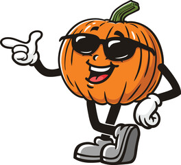 Cartoon pumpkin character wearing sunglasses