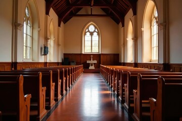 Fototapeta premium Orderly rows of empty pews in a traditional church, building, still