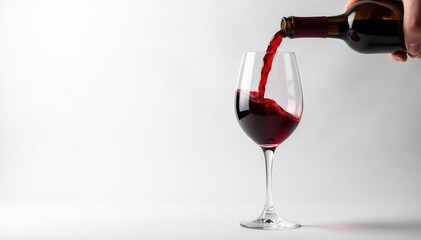 Rich red wine poured into glass, clean white backdrop, color, merlot, alcohol