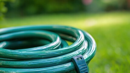 A plastic garden hose, neatly coiled and ready for outdoor use.