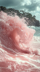 Fototapeta premium A bright pink wave splashes gently on a minimalist beach, symbolizing creativity, calm, and surreal beauty. A simple, vibrant coastal scene blending nature with playful artistic expression.