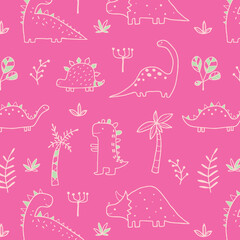 Cute dinosaur vector print for kids. Vector print with cartoon dinosaur. Cute Dino pastel print for party decor. Seamless pattern
