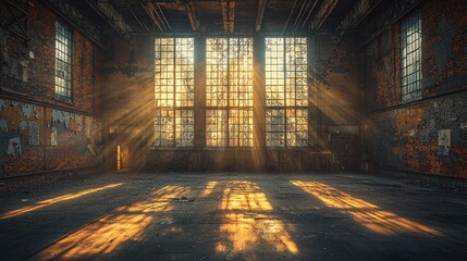 Sunlight streams into an abandoned factory