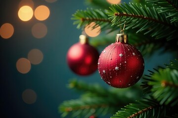 Obraz premium Sparkling Christmas tree ornaments hanging on a decorated tree branch , glitter, decoration