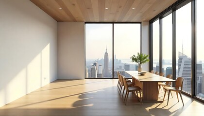 Fototapeta premium Modern dining room with large empty wall on the left, wooden furniture, and wide windows overlooking a cityscape, concept of interior design. 3D Rendering, created with generative ai