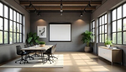 Fototapeta premium Modern dining room with large empty wall on the left, wooden furniture, and wide windows overlooking a cityscape, concept of interior design. 3D Rendering, created with generative ai