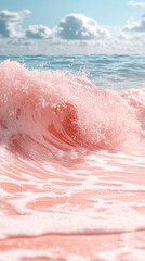 Fototapeta premium A bright pink wave splashes gently on a minimalist beach, symbolizing creativity, calm, and surreal beauty. A simple, vibrant coastal scene blending nature with playful artistic expression.
