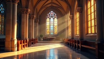 Fototapeta premium Tranquil church interior, sunlight streaming through stained glass windows , building, stained glass, hope