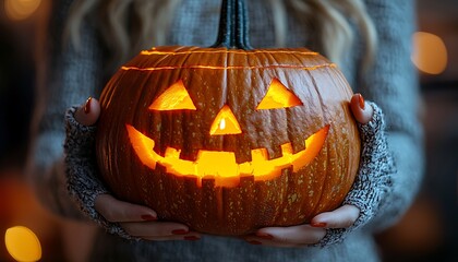 Illuminated jack-o'-lantern held gently