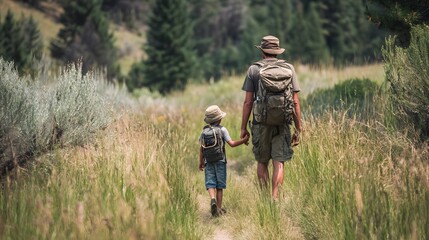 A father and son walking hand in hand through a grassy field on a hiking trail in the wilderness